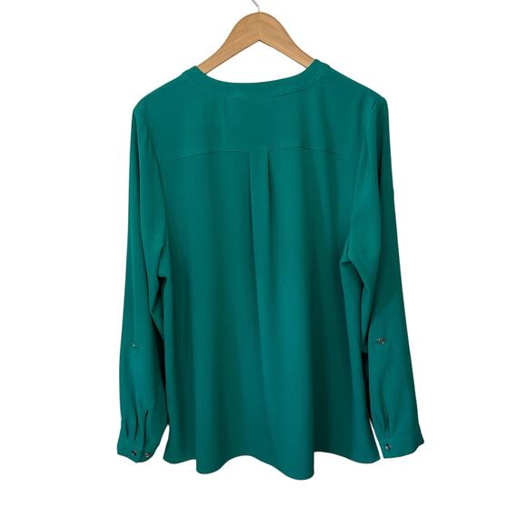 Susan Graver Button Up Shirt Roll Tab Sleeve Green Top Womens Size 14 V Neck - Picture 3 of 7